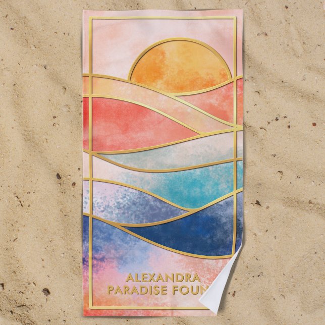 Coastal Sunset Gold Line Art Custom Name Beach Towel (Creator Uploaded)