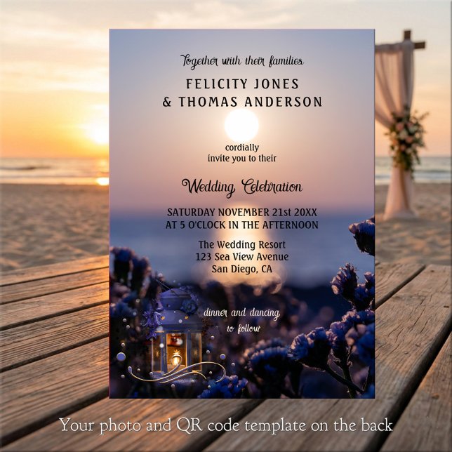 Coastal Sunset Winter Wedding Invitation (Wedding invitation featuring a sunset at the ocean with a festive lantern with sparkling lights)