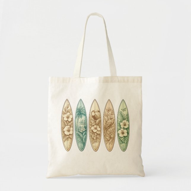Coastal Surfboard Sunset Botanical Art Tote Bag (Front)