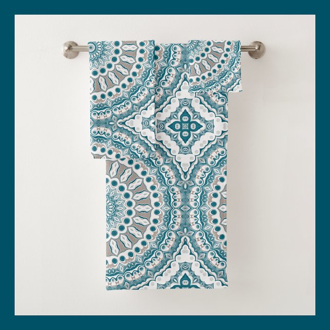 Coastal Teal and Sand Ocean-Inspired Mandala Bath Towel Set (Creator Uploaded)