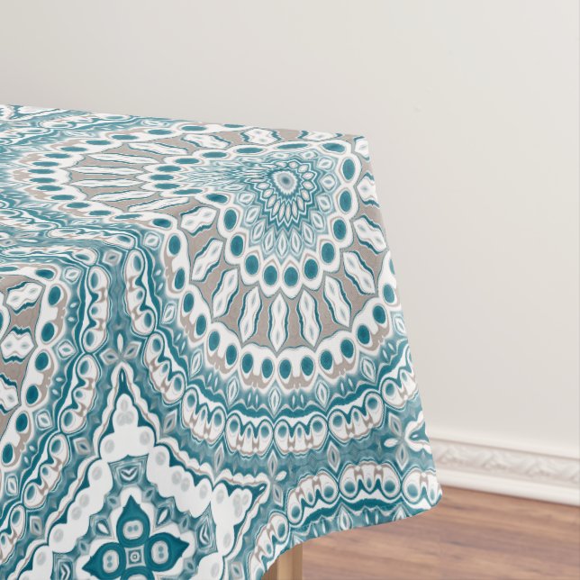 Coastal Teal and Sand Ocean-Inspired Mandala Tablecloth (In Situ)