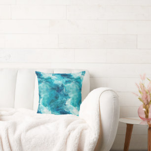 Coastal Teal Aqua Blue Alcohol Ink Marble Cushion
