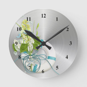 Coastal Teal Life Preserver Floral Round Clock