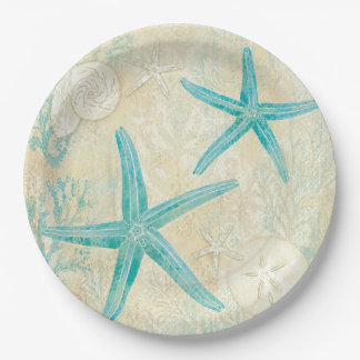 Coastal Teal Starfish Watercolor Pattern Paper Plate