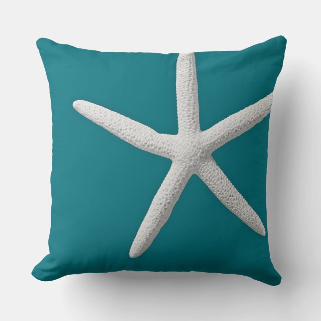 Coastal Teal Tropical White Starfish Modern Beach Cushion (Front)