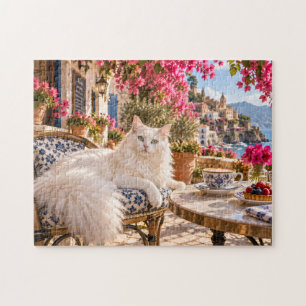 Coastal Terrace Café Cat With Floral Teacup Jigsaw Puzzle