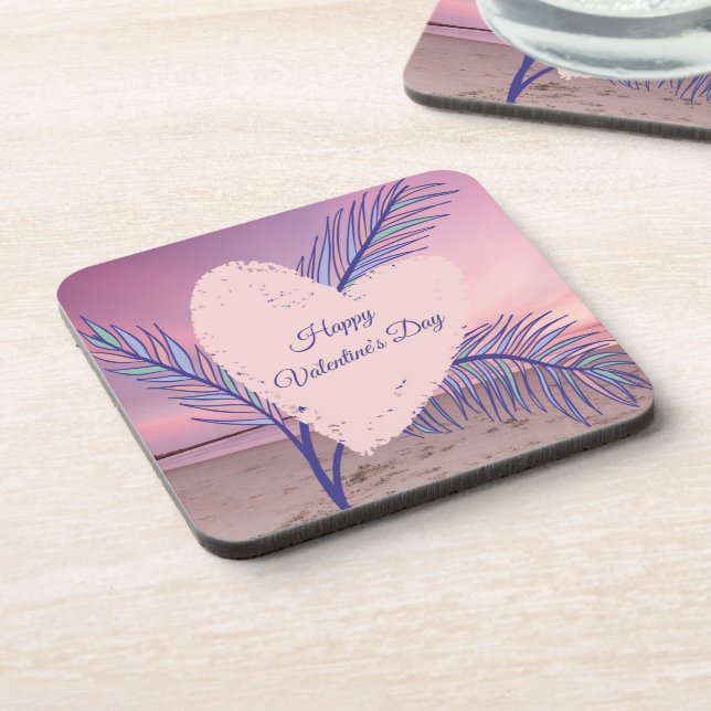 Coastal Theme Pastel Valentine Pink Sunset Beach Coaster (Left Side)