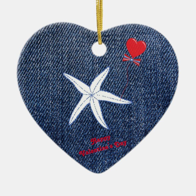 Coastal Theme Valentine's Day Red Heart & Starfish Ceramic Tree Decoration (Front)