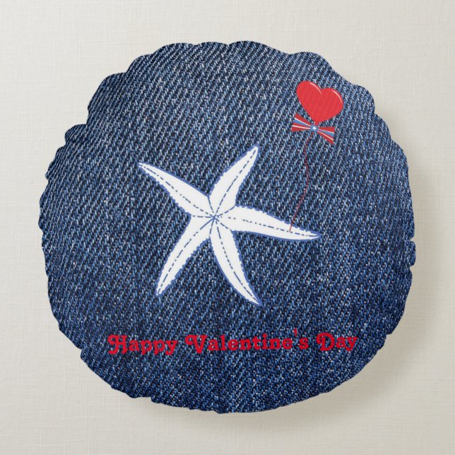 Coastal Theme Valentine's Day Red Heart & Starfish Round Cushion (Front)
