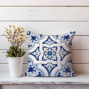 Coastal Tile Pillow   Mixed Blue Italian Design