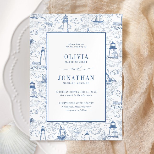 Coastal Toile Lighthouse Blue Wedding Invitation (Creator Uploaded)