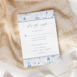 Coastal Toile Lighthouse Blue Wedding RSVP Card