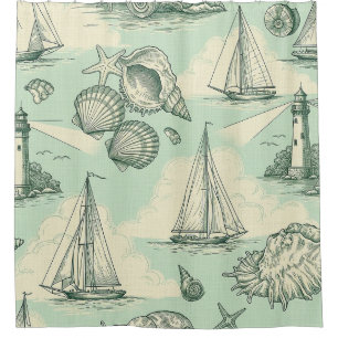 Coastal Toile with Lighthouses, Sailboats Shower Curtain
