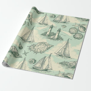 Coastal Toile with Lighthouses, Sailboats Wrapping Paper