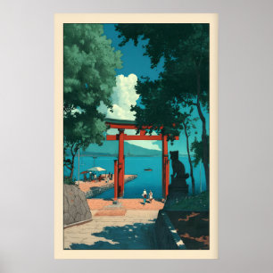 Coastal Torii Gate Print Hasui Kawase Style, Blue