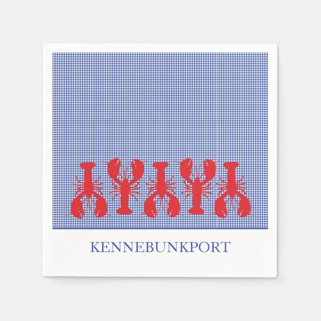 Coastal Town Name Red Lobsters Blue White Check Napkin (Front)