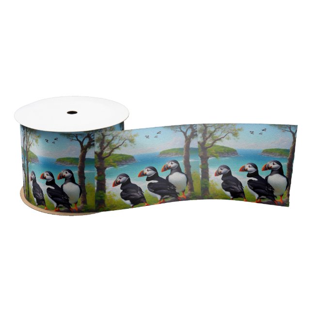 Coastal Trio: Three Puffins at the Beach in Oils Satin Ribbon (Spool)