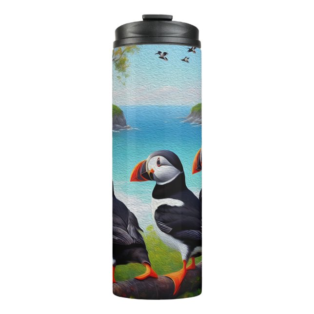 Coastal Trio: Three Puffins at the Beach in Oils Thermal Tumbler (Front)