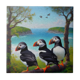 Coastal Trio: Three Puffins at the Beach in Oils Tile