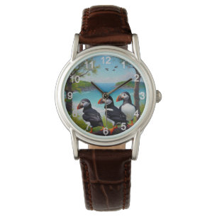 Coastal Trio: Three Puffins at the Beach in Oils Watch