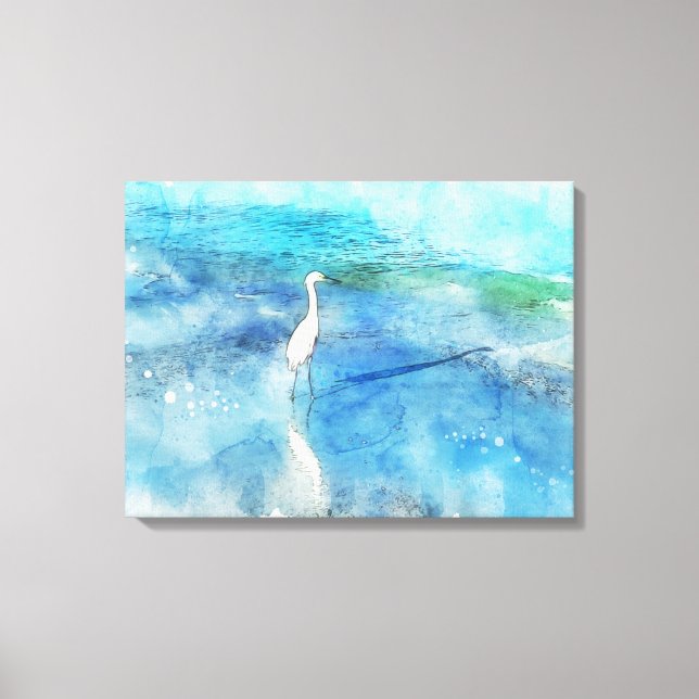 Coastal Tropical Beach Ocean Waves White Egret Canvas Print (Front)