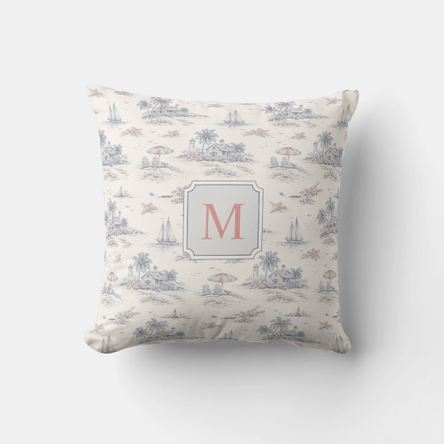Coastal Tropical French Toile Monogram Name Cushion (Front)