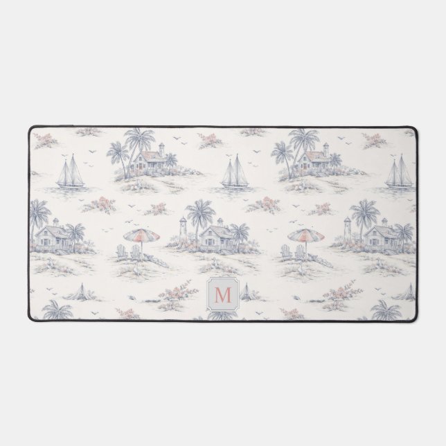 Coastal Tropical French Toile Monogram Name Desk Mat (Front)
