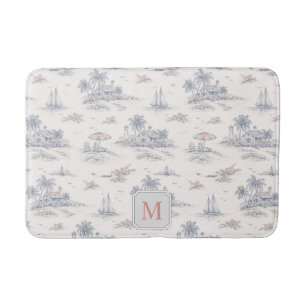 Coastal Tropical French Toile Pattern Monogram Bath Mat