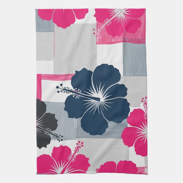 Coastal Tropical Hibiscus Pattern (13) Tea Towel (Vertical)