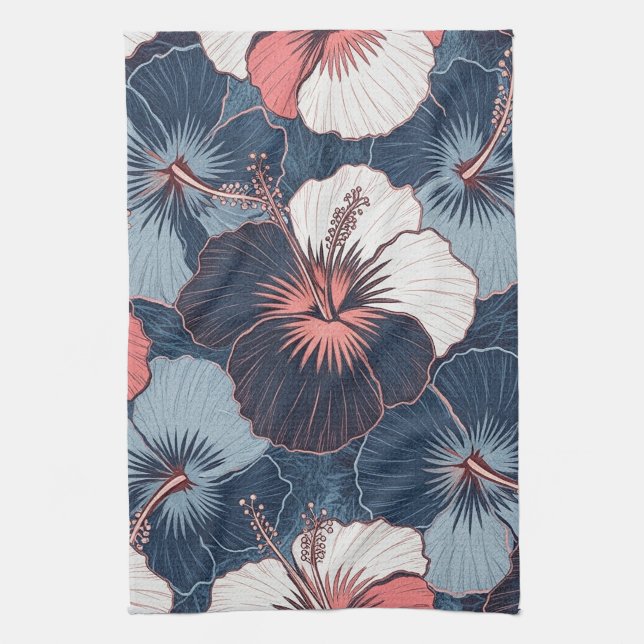 Coastal Tropical Hibiscus Pattern (14) Tea Towel (Vertical)