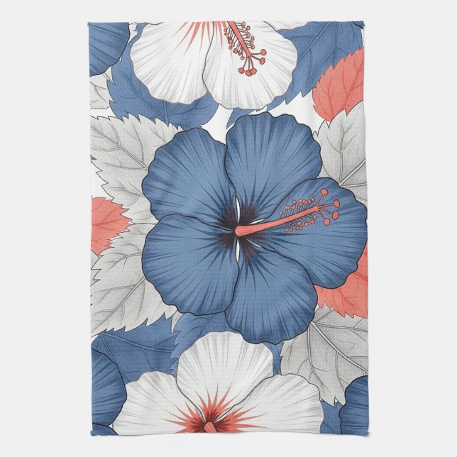 Coastal Tropical Hibiscus Pattern (1) Tea Towel (Vertical)
