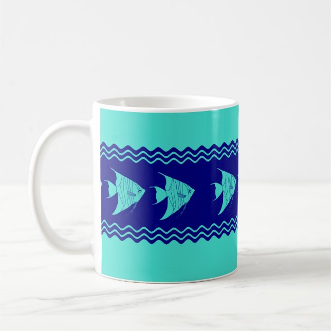 Coastal Turquoise Blue Angelfish Stripe Coffee Mug (Left)