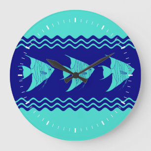 Coastal Turquoise Blue Angelfish Stripe Large Clock