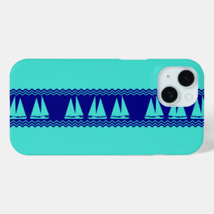 Coastal Turquoise Blue Sailboat Pattern Nautical iPhone 15 Case