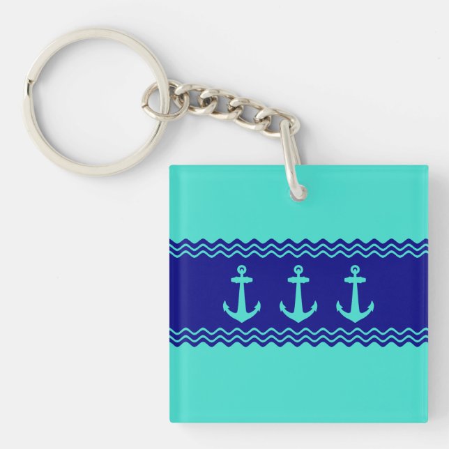 Coastal Turquoise Blue Stripe Anchor Nautical Key Ring (Front)