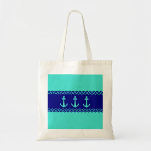 Coastal Turquoise Blue Stripe Anchor Nautical Tote Bag
