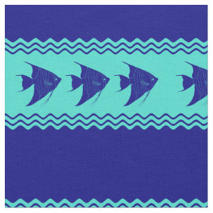 Coastal Turquoise Blue Stripe Angelfish Pattern Fabric