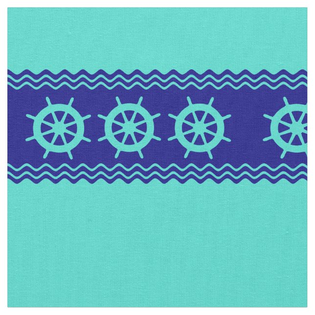 Coastal Turquoise Blue Stripe Helm Nautical Fabric (Close Up)