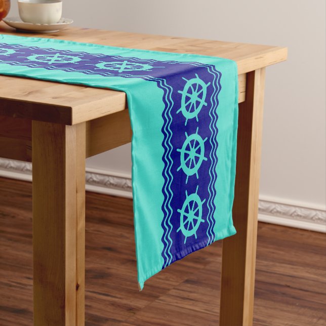 Coastal Turquoise Blue Stripe Helm Nautical Medium Table Runner (In Situ)