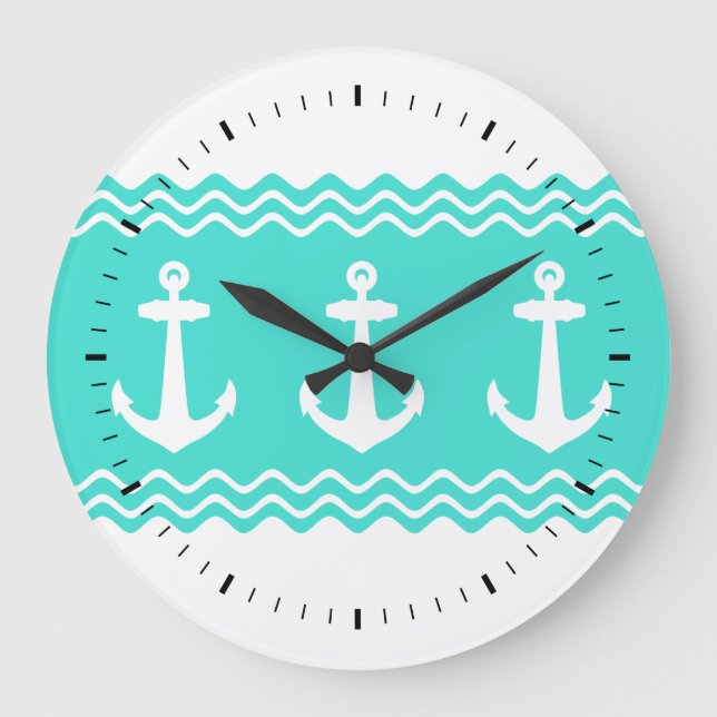Coastal Turquoise Stripe Anchor Nautical Large Clock (Front)