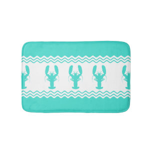 Coastal Turquoise White Lobster Stripe Bath Mat