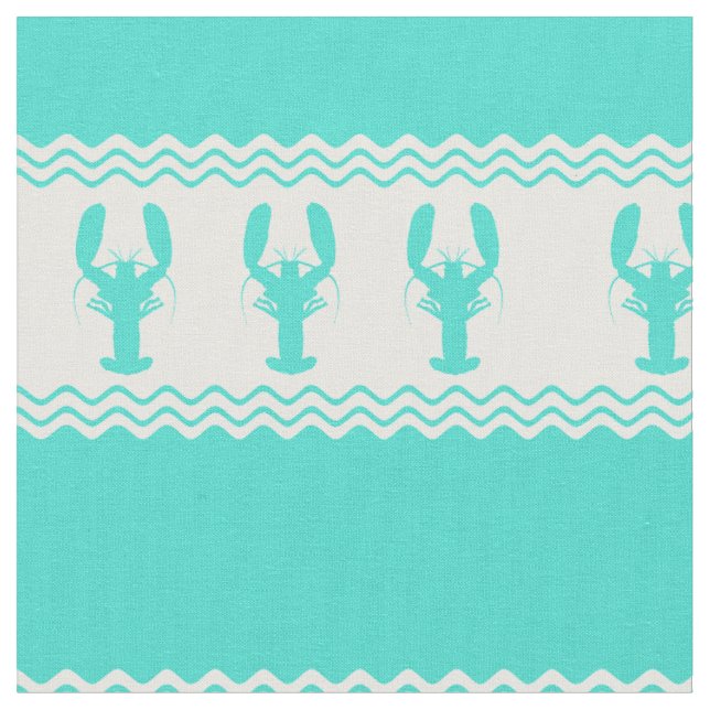 Coastal Turquoise White Lobster Stripe Fabric (Close Up)