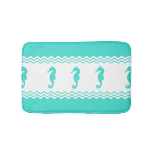 Coastal Turquoise White Ocean Seahorses Bath Mat