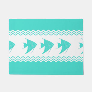 Coastal Turquoise White Stripe Angelfish Pattern Doormat