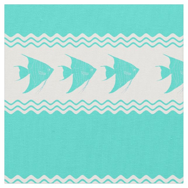 Coastal Turquoise White Stripe Angelfish Pattern Fabric (Close Up)