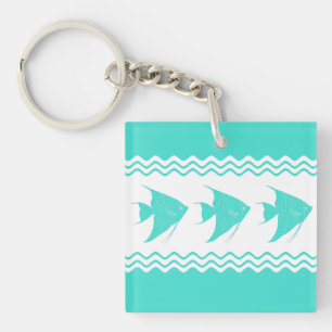 Coastal Turquoise White Stripe Angelfish Pattern Key Ring