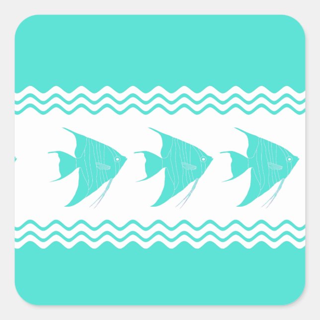 Coastal Turquoise White Stripe Angelfish Pattern Square Sticker (Front)