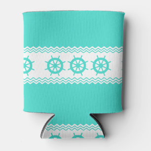 Coastal Turquoise White Stripe Helm Nautical Can Cooler