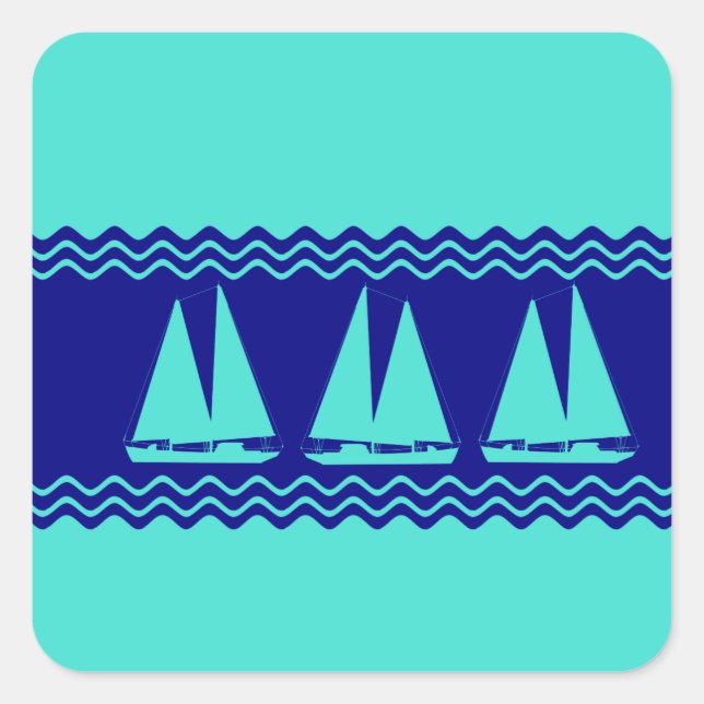 Coastal Turquoise White Stripe Sailboat Pattern Square Sticker (Front)