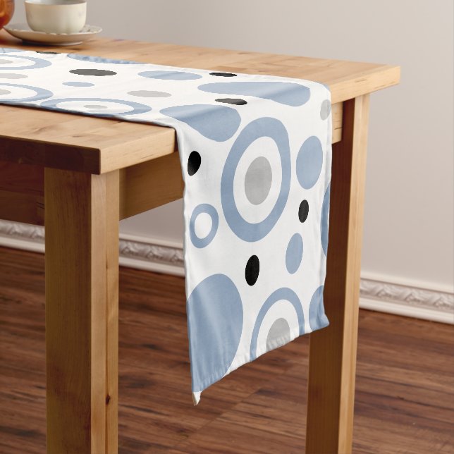 Coastal Vibe Slate Blue Geometric Circles Short Table Runner (In Situ)